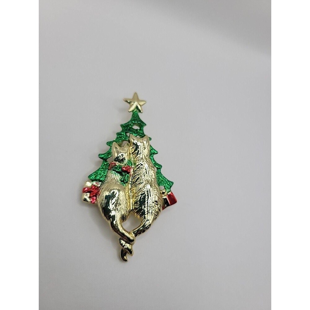 Vintage‎ AJC Christmas Cats Brooch: Gold Tone Glitter Enamel Tree Pin - Picture 4 of 10